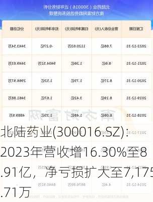 北陆药业(300016.SZ)：2023年营收增16.30%至8.91亿，净亏损扩大至7,175.71万