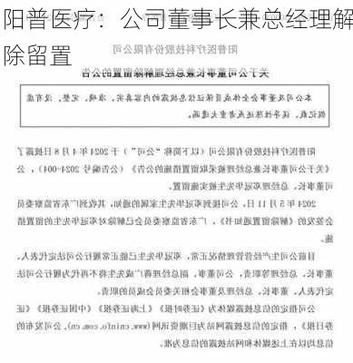 阳普医疗：公司董事长兼总经理解除留置