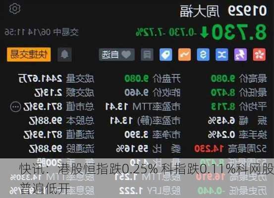 快讯：港股恒指跌0.25% 科指跌0.11%科网股普遍低开