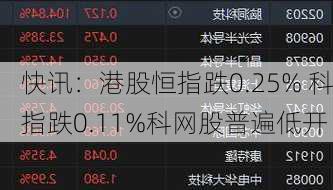 快讯：港股恒指跌0.25% 科指跌0.11%科网股普遍低开