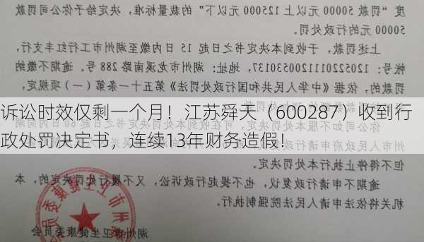 诉讼时效仅剩一个月！江苏舜天（600287）收到行政处罚决定书，连续13年财务造假！