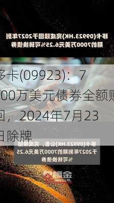 移卡(09923)：7000万美元债券全额赎回，2024年7月23日除牌