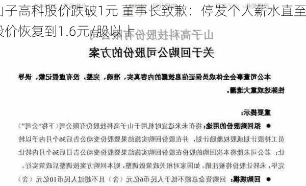 山子高科股价跌破1元 董事长致歉：停发个人薪水直至股价恢复到1.6元/股以上