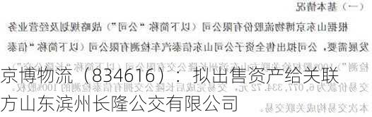 京博物流（834616）：拟出售资产给关联方山东滨州长隆公交有限公司