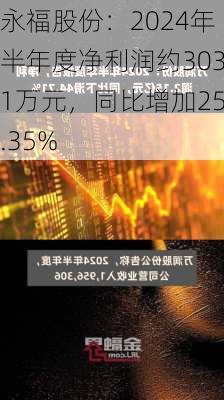 永福股份：2024年半年度净利润约3031万元，同比增加25.35%