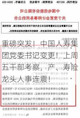 重磅突发！中国人寿集团党委书记变更！上周五干部考察，产、寿险龙头人事连震！