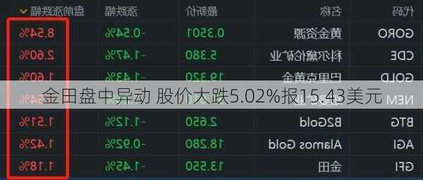 金田盘中异动 股价大跌5.02%报15.43美元