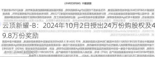 云顶新耀-B：2024年10月2日授出24万份购股权及49.8万份奖励