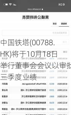 中国铁塔(00788.HK)将于10月18日举行董事会会议以审批前三季度业绩