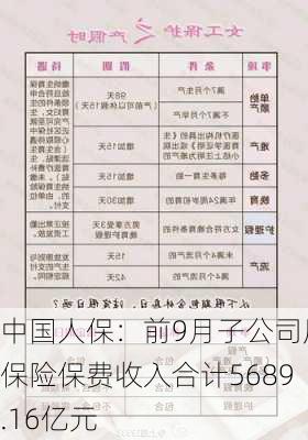 中国人保：前9月子公司原保险保费收入合计5689.16亿元