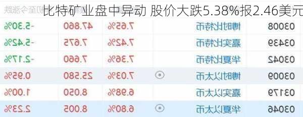 比特矿业盘中异动 股价大跌5.38%报2.46美元