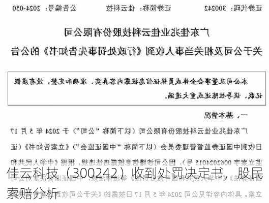 佳云科技（300242）收到处罚决定书，股民索赔分析