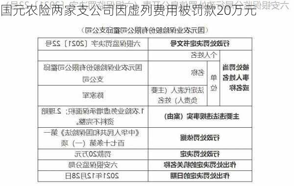 国元农险两家支公司因虚列费用被罚款20万元