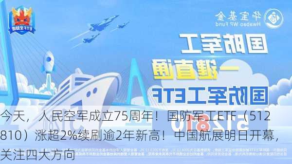 今天，人民空军成立75周年！国防军工ETF（512810）涨超2%续刷逾2年新高！中国航展明日开幕，关注四大方向