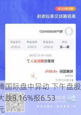 铭腾国际盘中异动 下午盘股价大跌8.16%报6.53美元