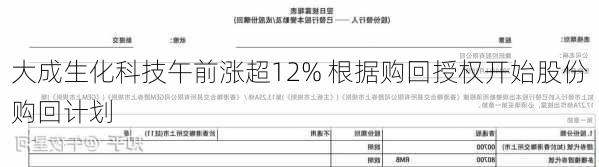 大成生化科技午前涨超12% 根据购回授权开始股份购回计划