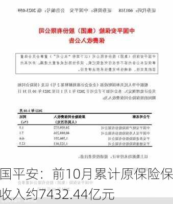 中国平安：前10月累计原保险保费收入约7432.44亿元